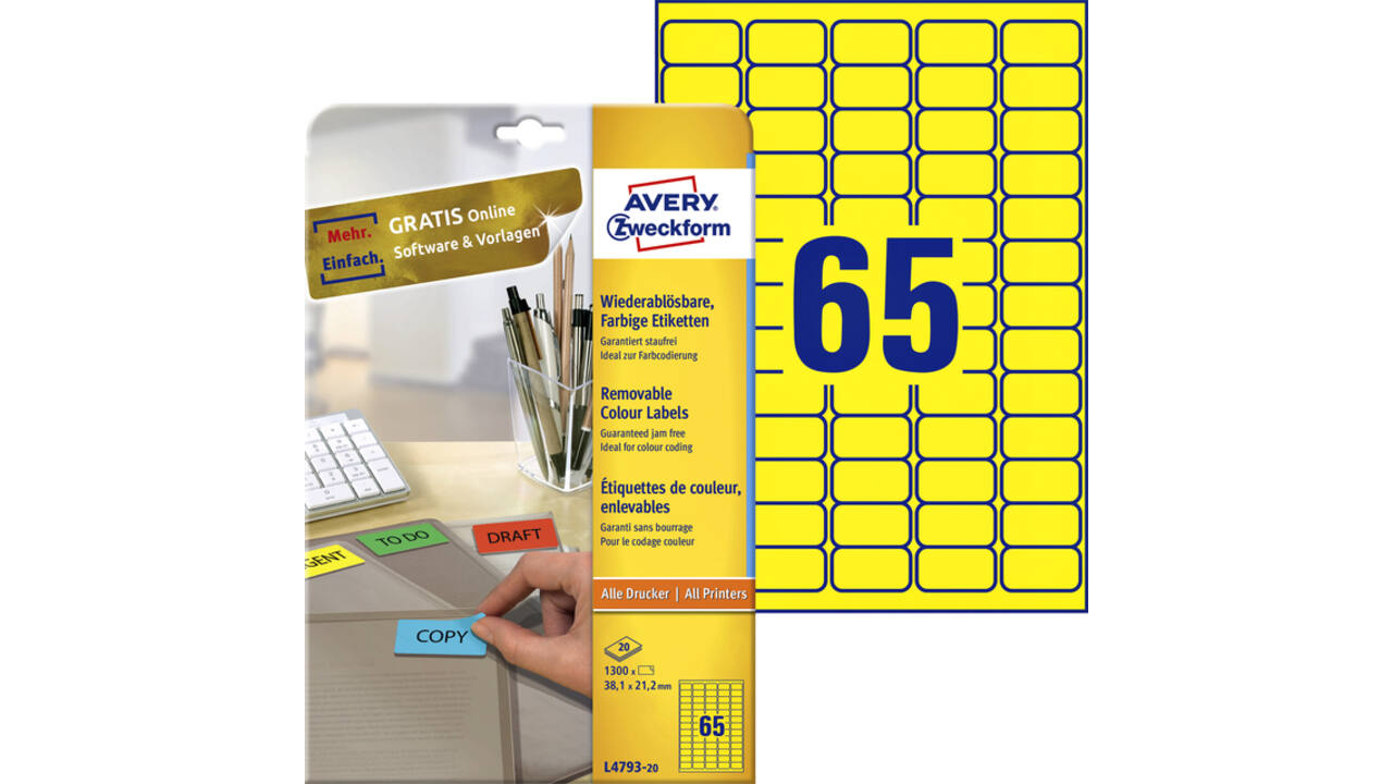 Etiket Avery L4793-20 38.1x21.2mm geel 1300 stuks