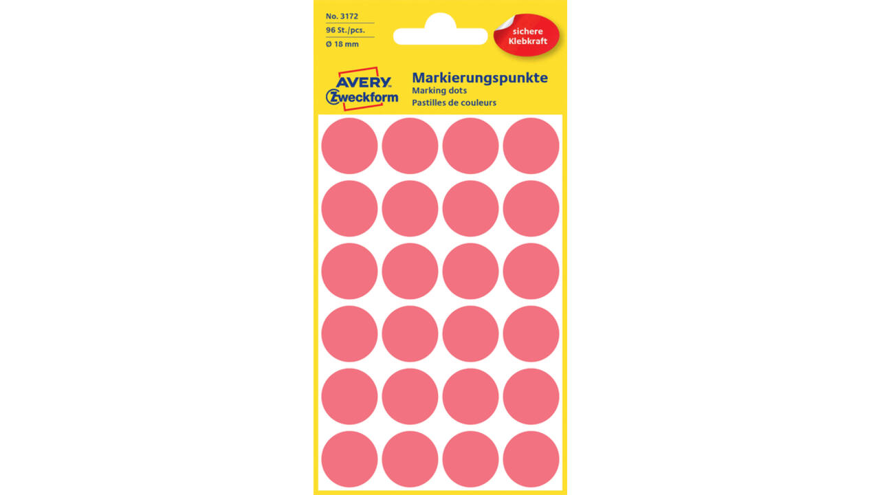 Etiket Avery 3172 rond 18mm lichtrood 96 stuks