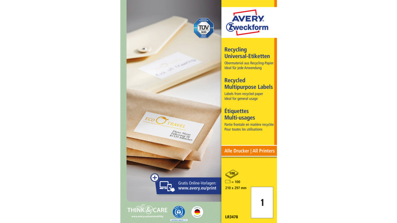 Etiket Avery LR3478 210x297mm A4 recycled wit 100 stuks