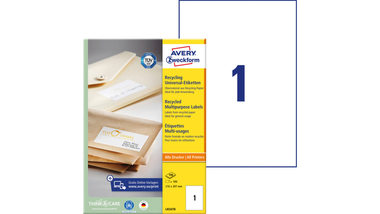 Etiket Avery LR3478 210x297mm A4 recycled wit 100 stuks