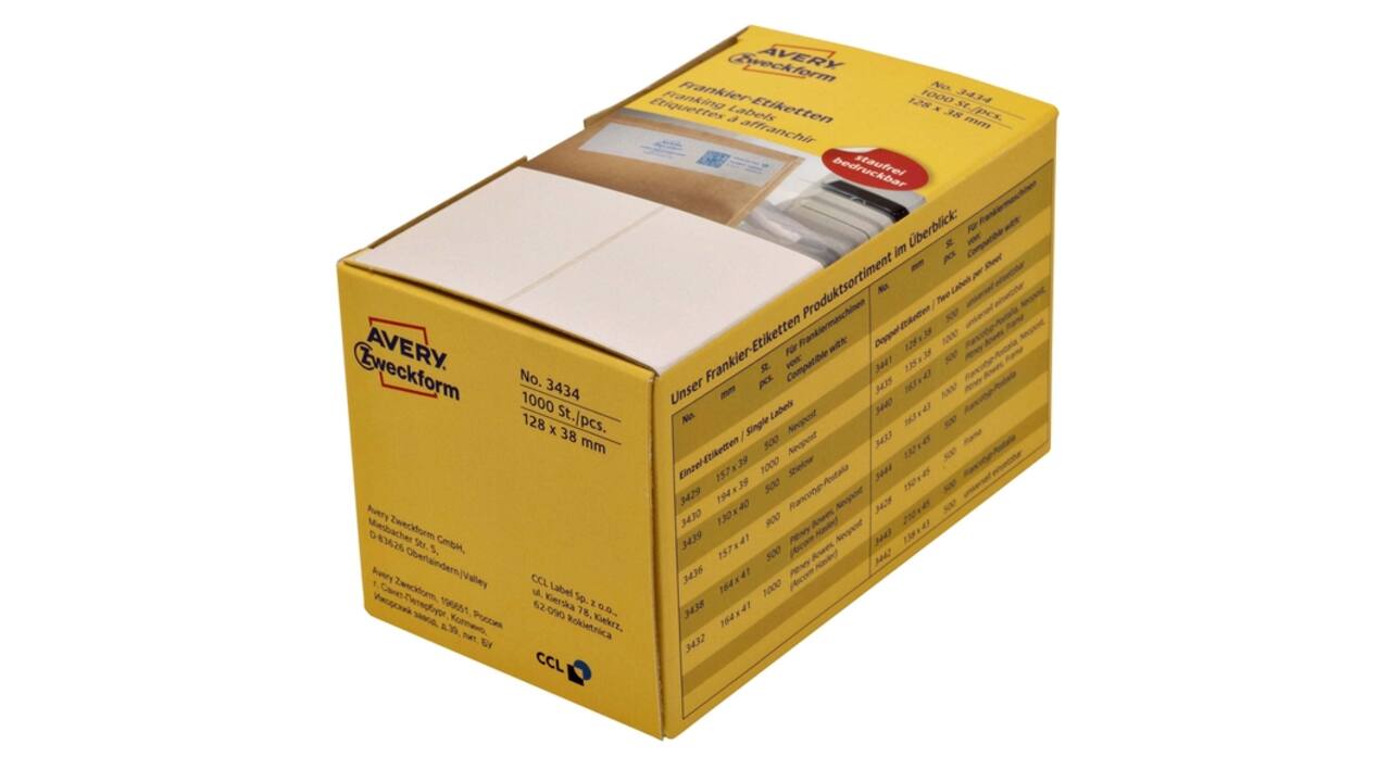 Frankeeretiket Avery 3434 128x38mm 1000 stuks