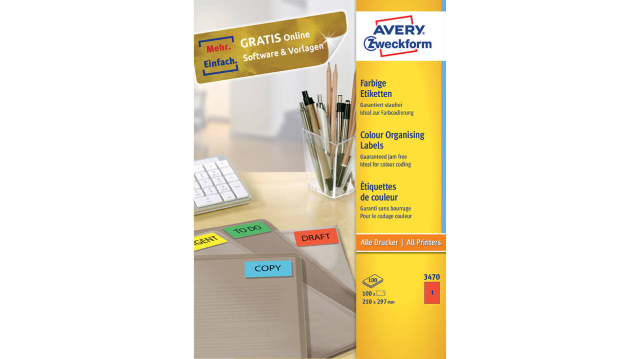 Etiket Avery 3470 210x297mm A4 rood 100 stuks