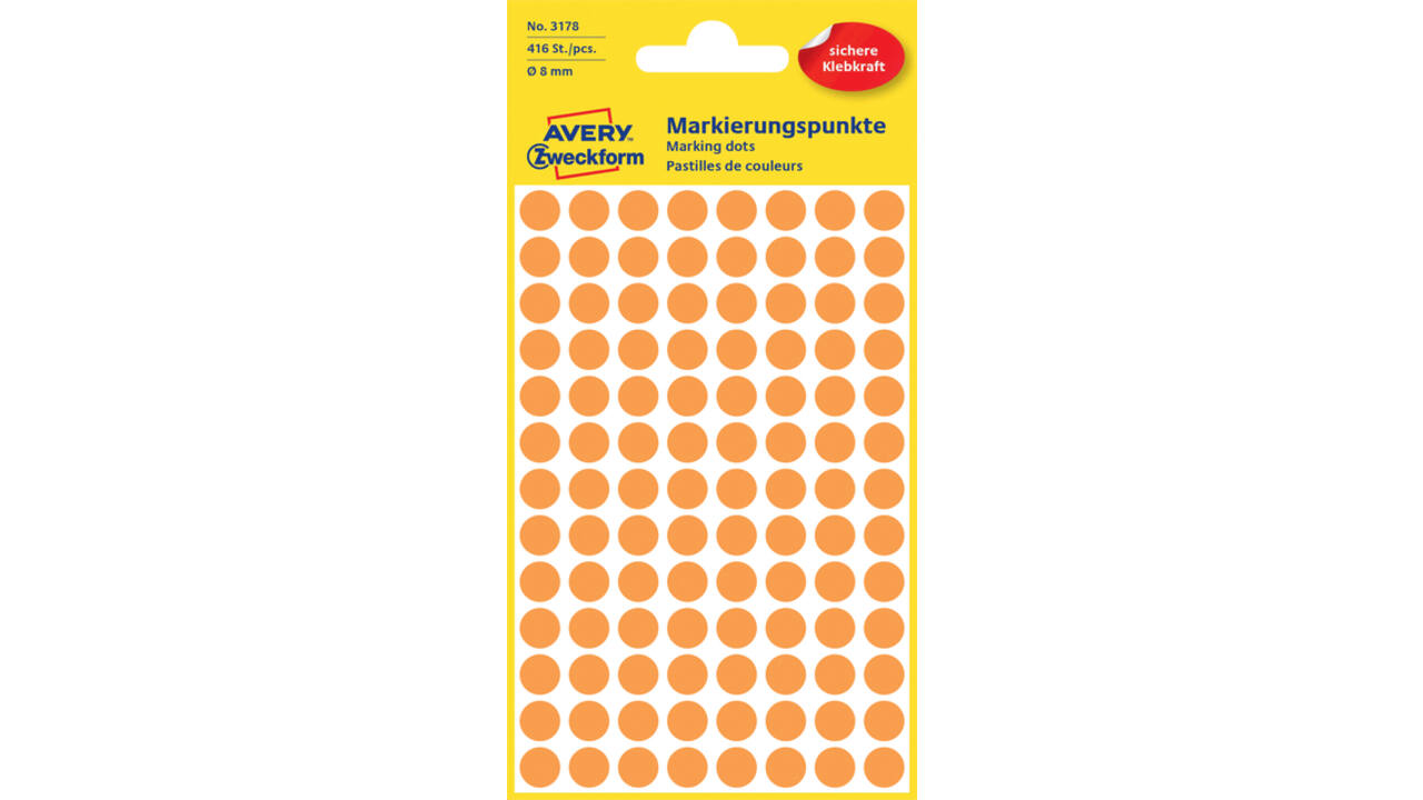 Etiket Avery 3178 rond 8mm oranje 416 stuks