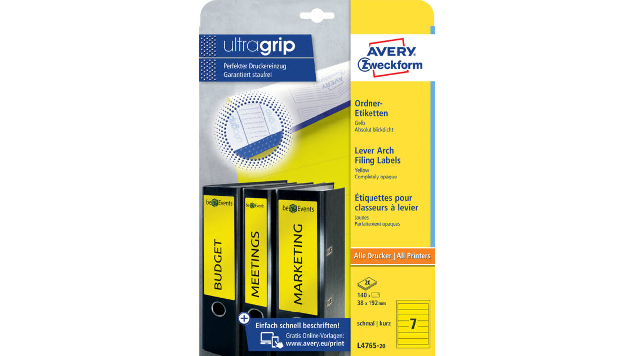 Rugetiket Avery smal 38x192mm zelfklevend geel