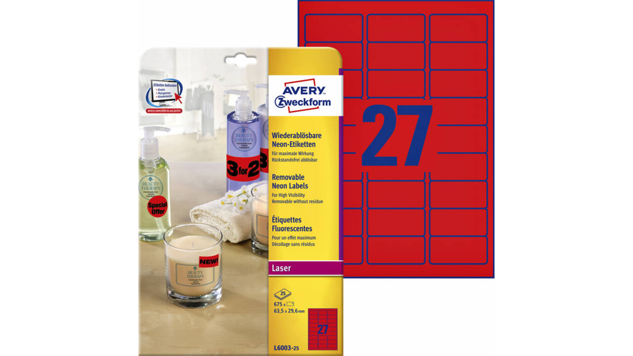 Etiket Avery L6003-25 63.5x29.6 neon rood 675 stuks