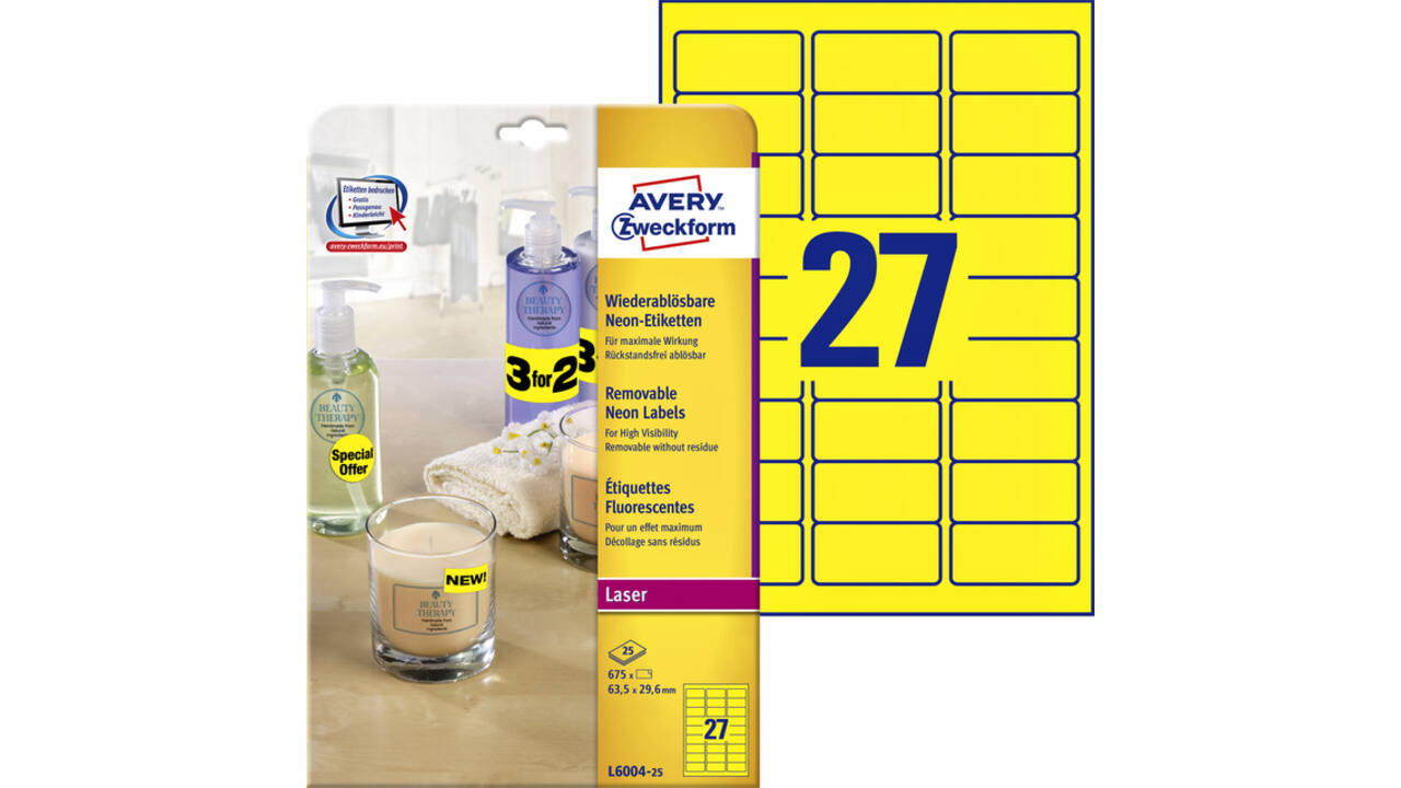 Etiket Avery L6004-25 63.5x29.6 neon geel 675 stuks