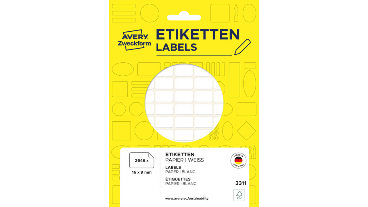 Etiket Avery 3311 16x9mm wit 2646 stuks