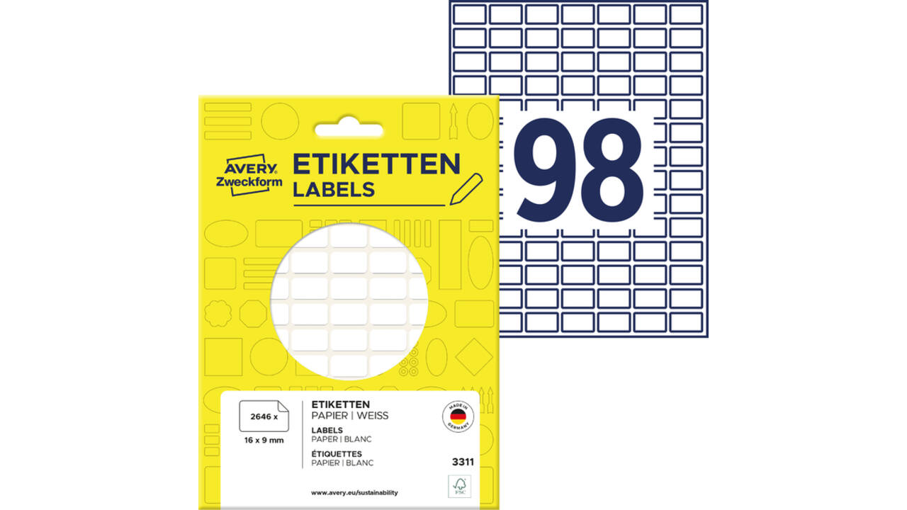 Etiket Avery 3311 16x9mm wit 2646 stuks