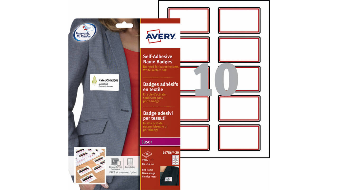 Naambadge etiket Avery L4786-20 80x50mm rood kader 200 stuks