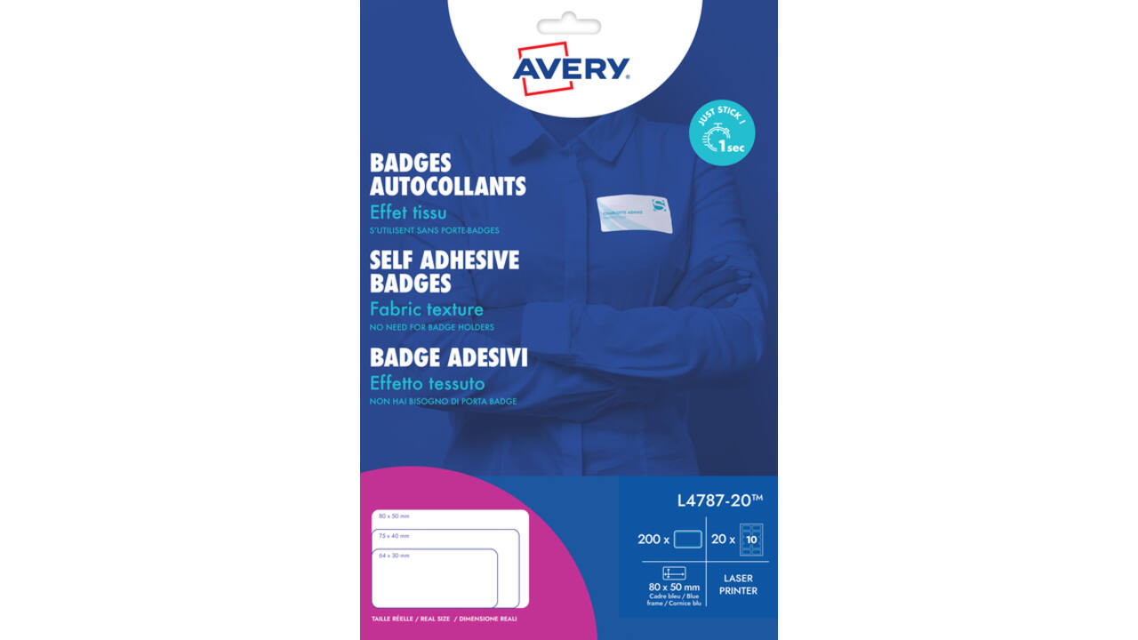 Naambadge etiket Avery L4787-20 80x50mm blauw kader 200 stuks