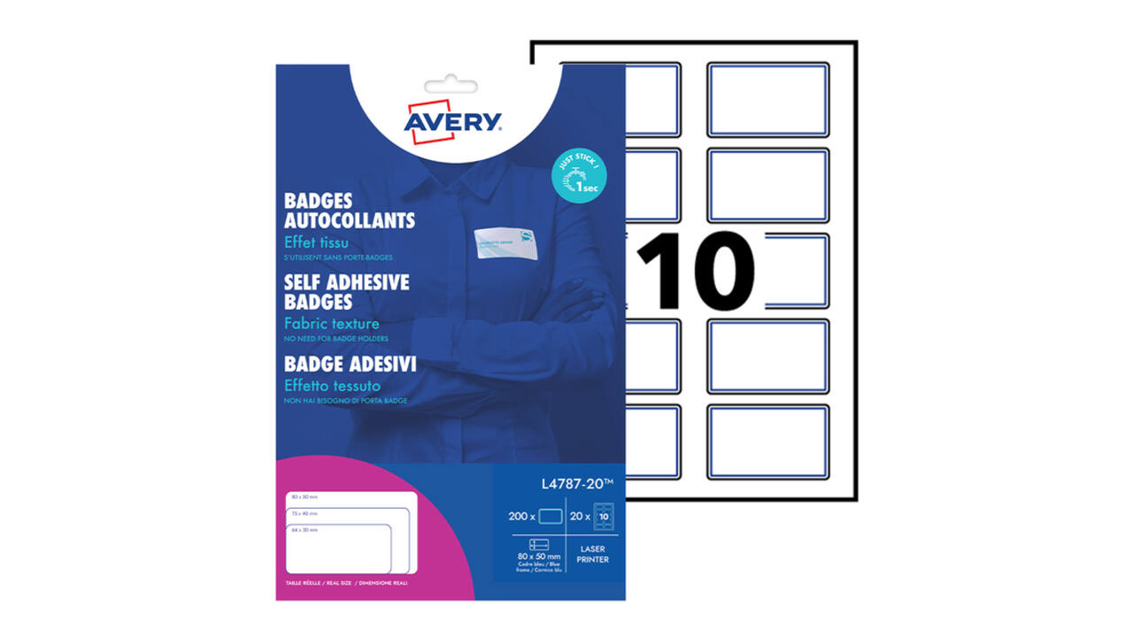 Naambadge etiket Avery L4787-20 80x50mm blauw kader 200 stuks