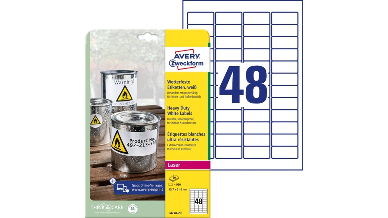 Etiket Avery L4778-20 45.7x21.2mm polyester wit 960 stuks