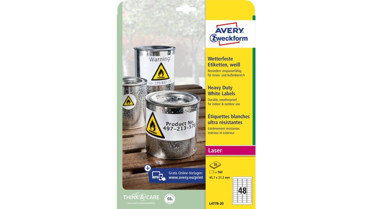 Etiket Avery L4778-20 45.7x21.2mm polyester wit 960 stuks