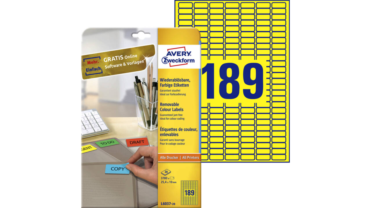 Etiket Avery L6037-20 25.4x10mm geel 3780 stuks