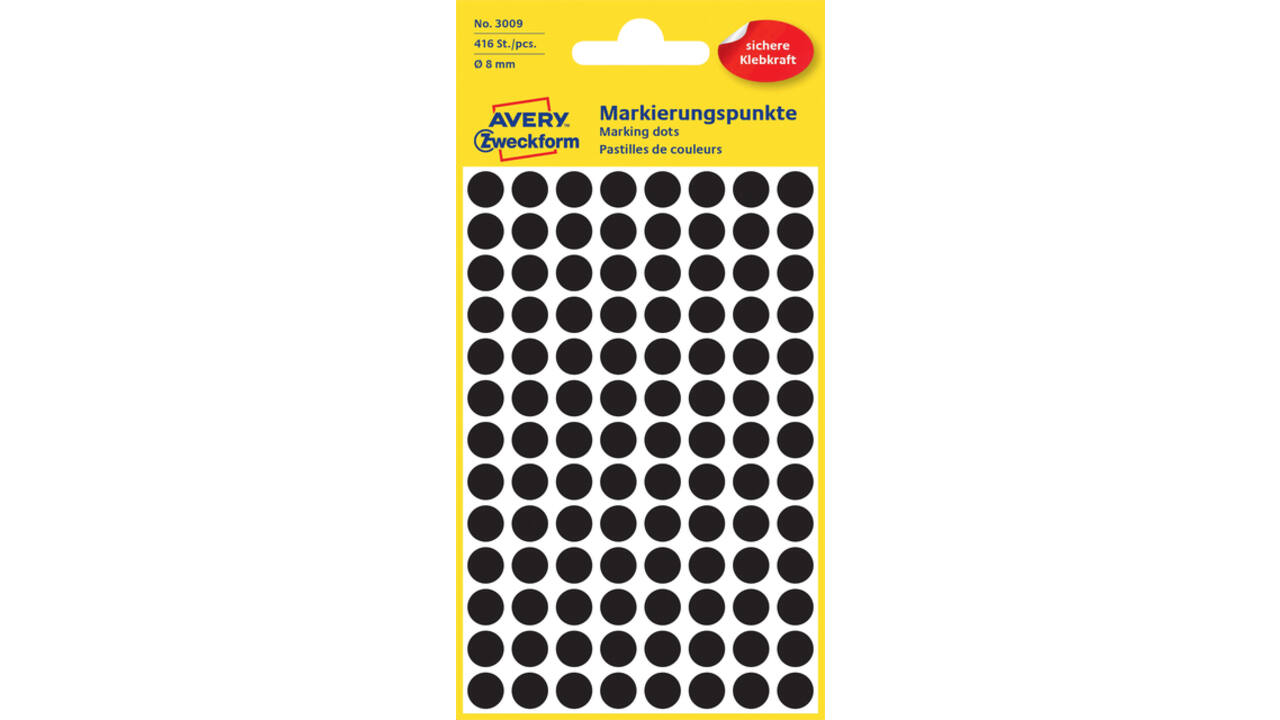 Etiket Avery 3009 rond 8mm zwart 416 stuks