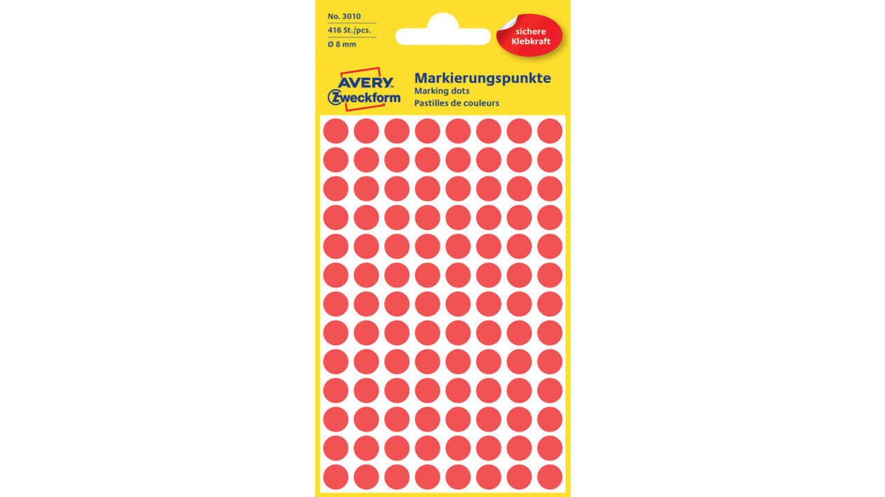 Etiket Avery 3010 rond 8mm rood 416 stuks