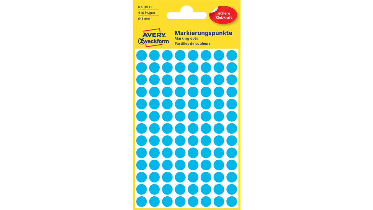 Etiket Avery 3011 rond 8mm blauw 416 stuks