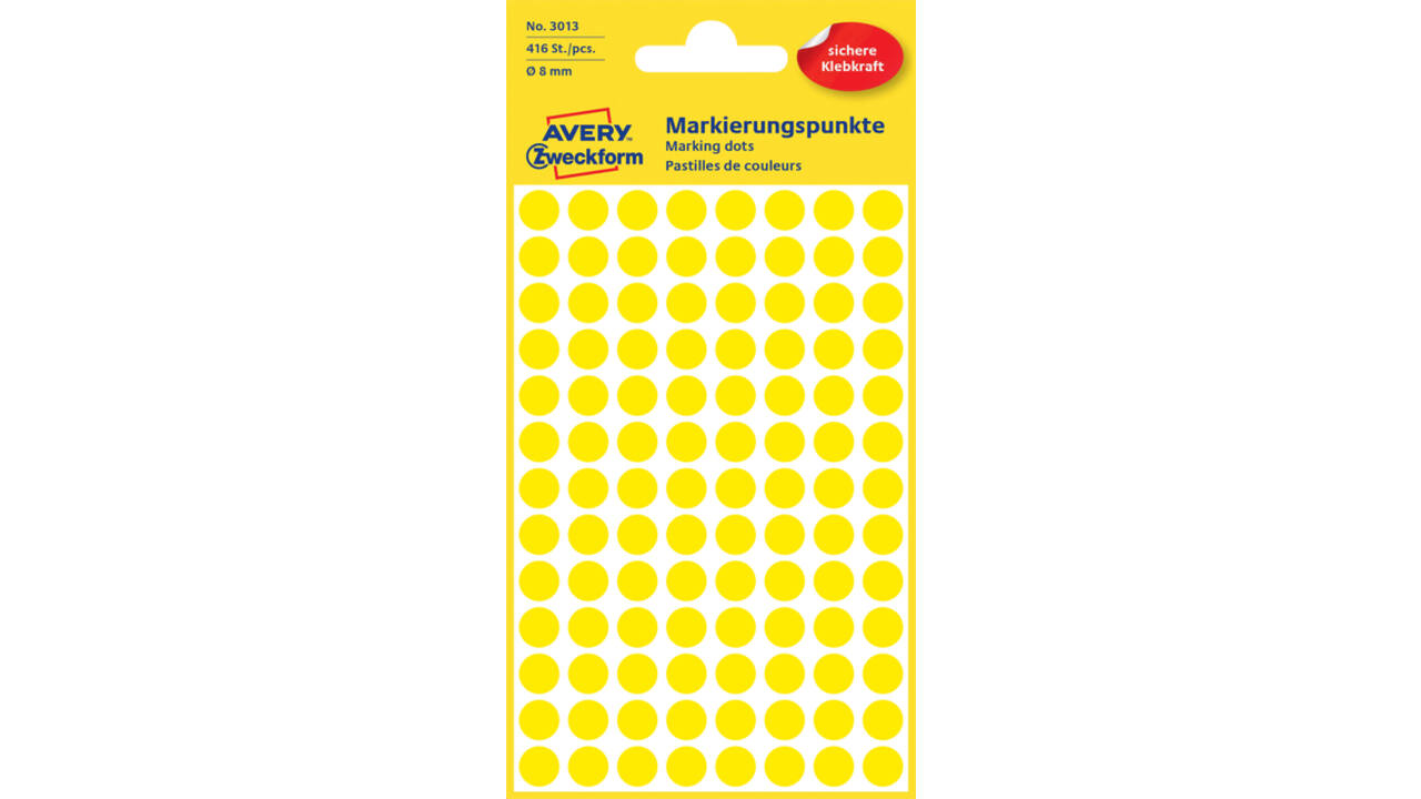 Etiket Avery 3013 rond 8mm geel 416 stuks
