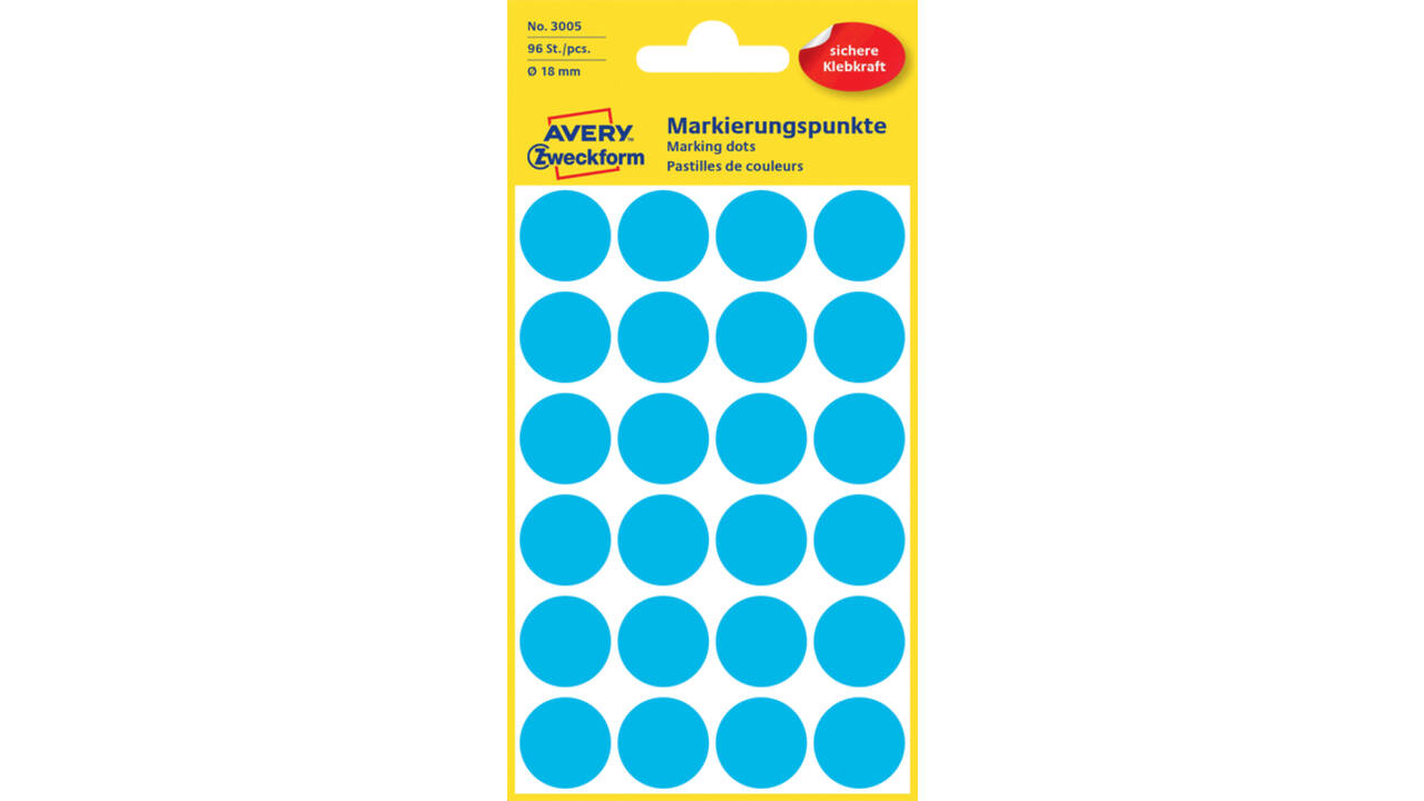 Etiket Avery 3005 rond 18mm blauw 96 stuks