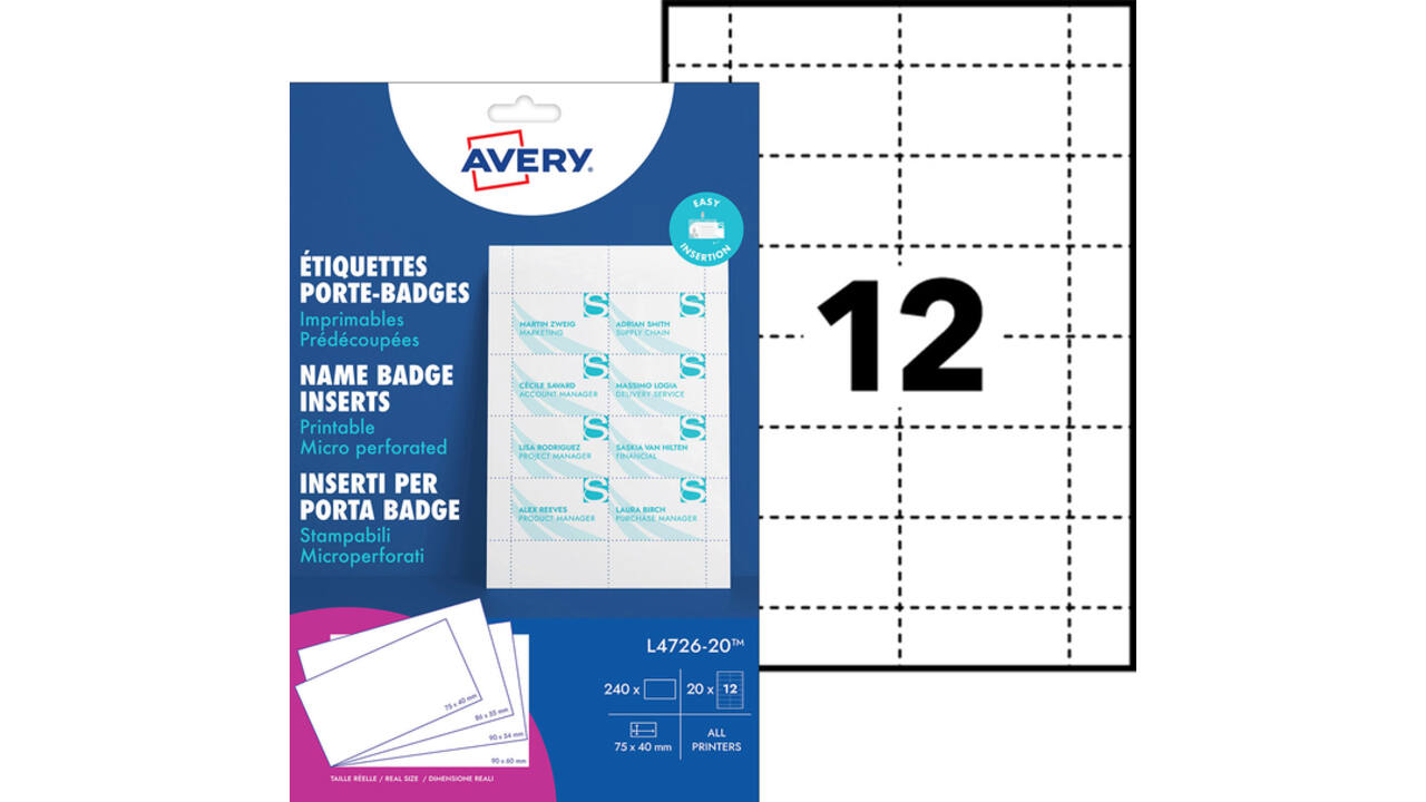 Badgekaart Avery L4726-20 40x75mm microperforatie 20 vel