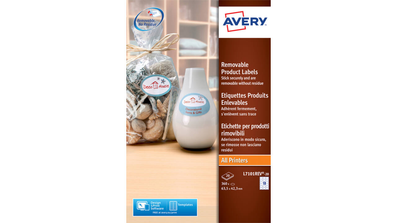 Etiket Avery L7101REV-20 63.5x42.3mm mat wit 360 stuks
