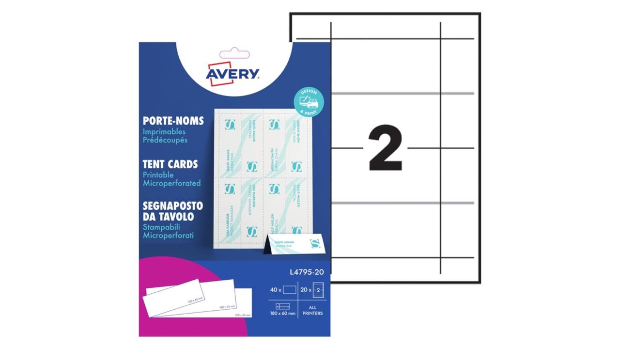 Tafelnaambord Avery L4795-20 180x60mm wit 20 stuks
