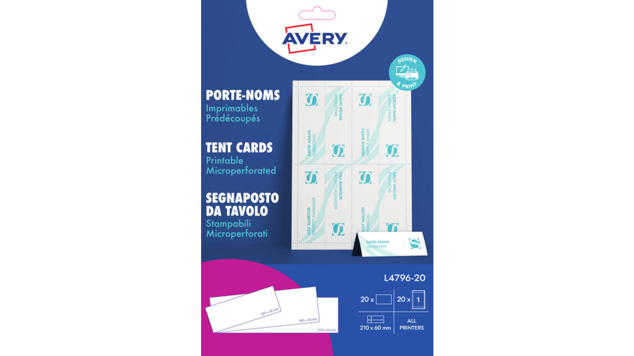 Tafelnaambord Avery L4796-20 210x60mm wit 20 stuks