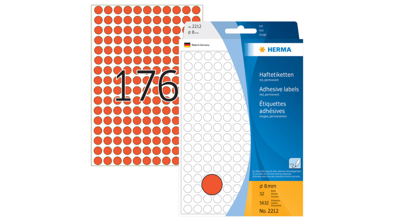 Etiket HERMA 2212 rond 8mm rood 5632 stuks