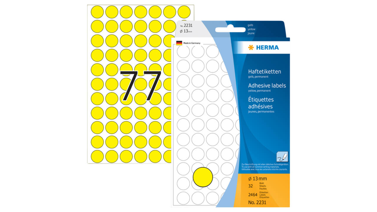 Etiket HERMA 2231 rond 13mm geel 2464 stuks