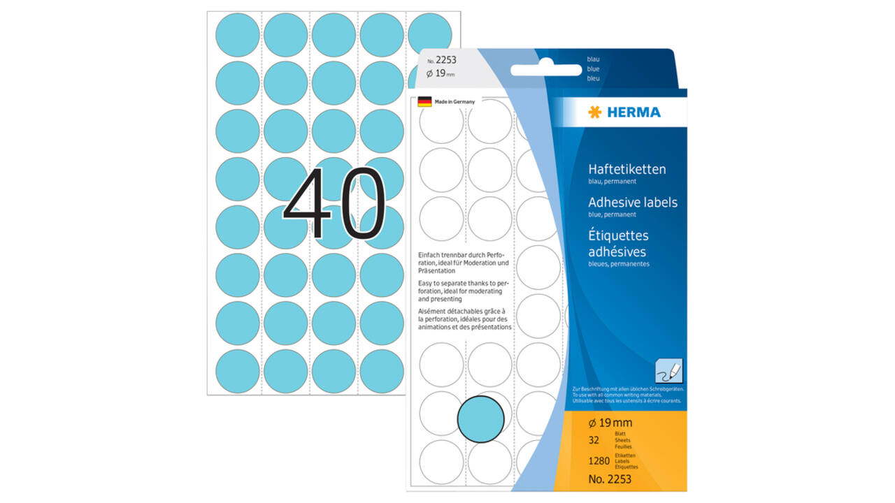 Etiket HERMA 2253 rond 19mm blauw 1280 stuks