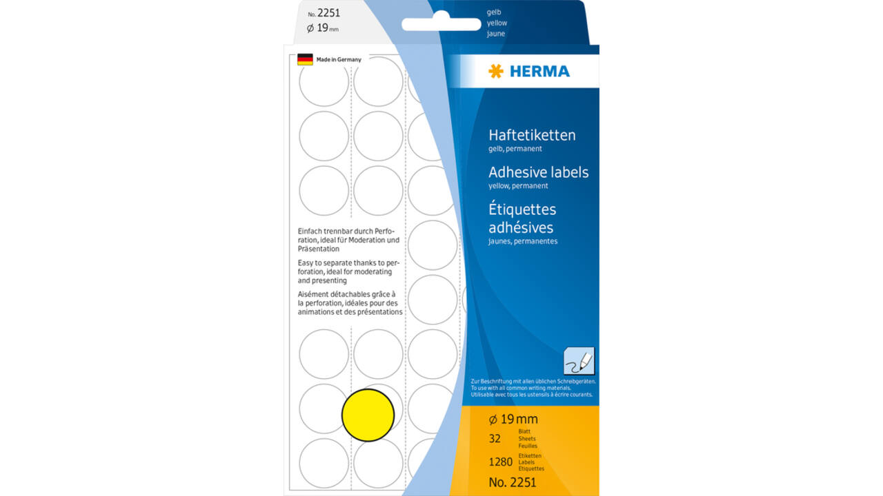 Etiket HERMA 2251 rond 19mm geel 1280 stuks