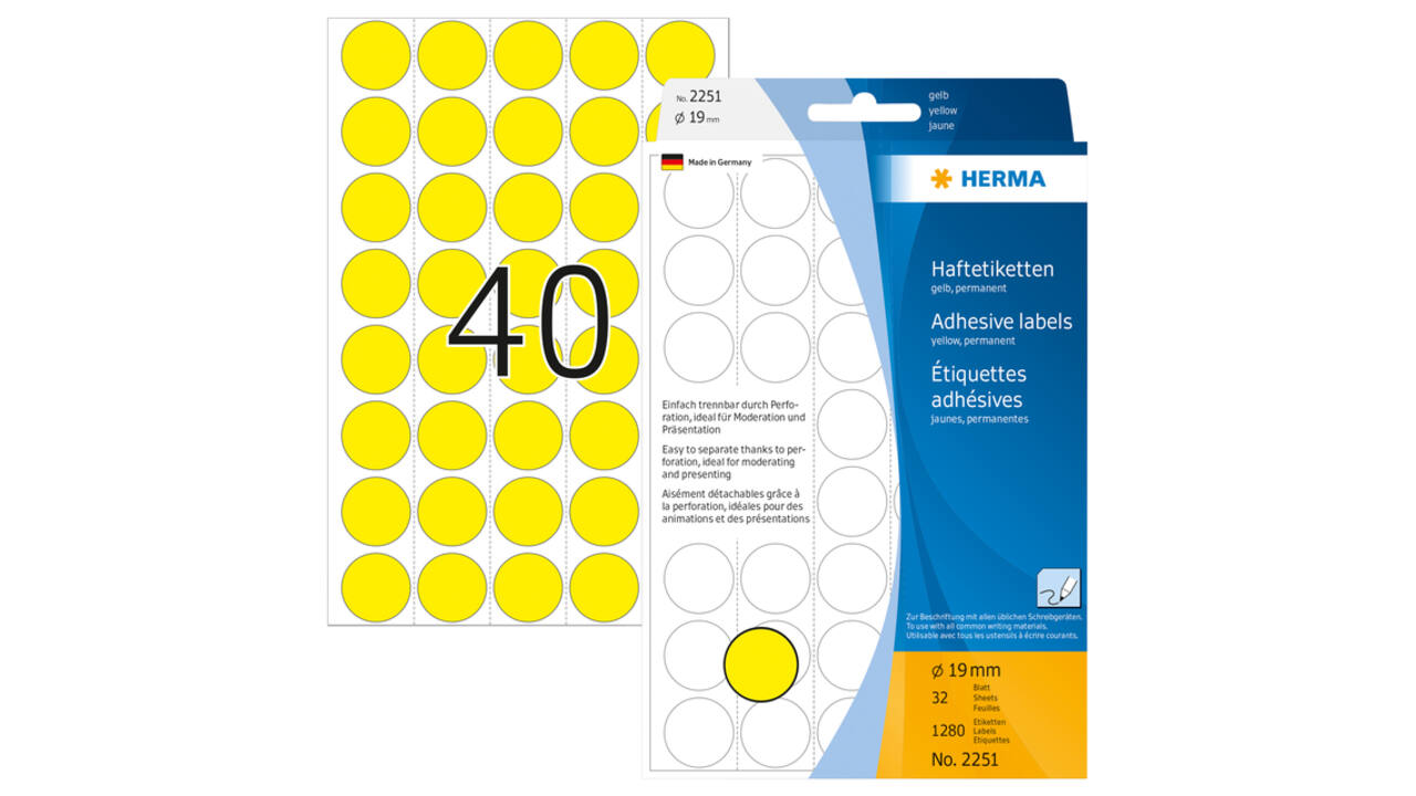 Etiket HERMA 2251 rond 19mm geel 1280 stuks