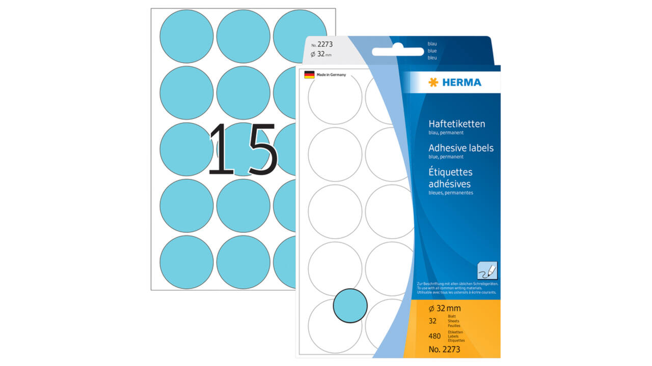 Etiket HERMA 2273 rond 32mm blauw 480 stuks