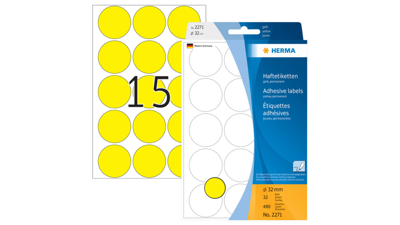 Etiket HERMA 2271 rond 32mm geel 480 stuks