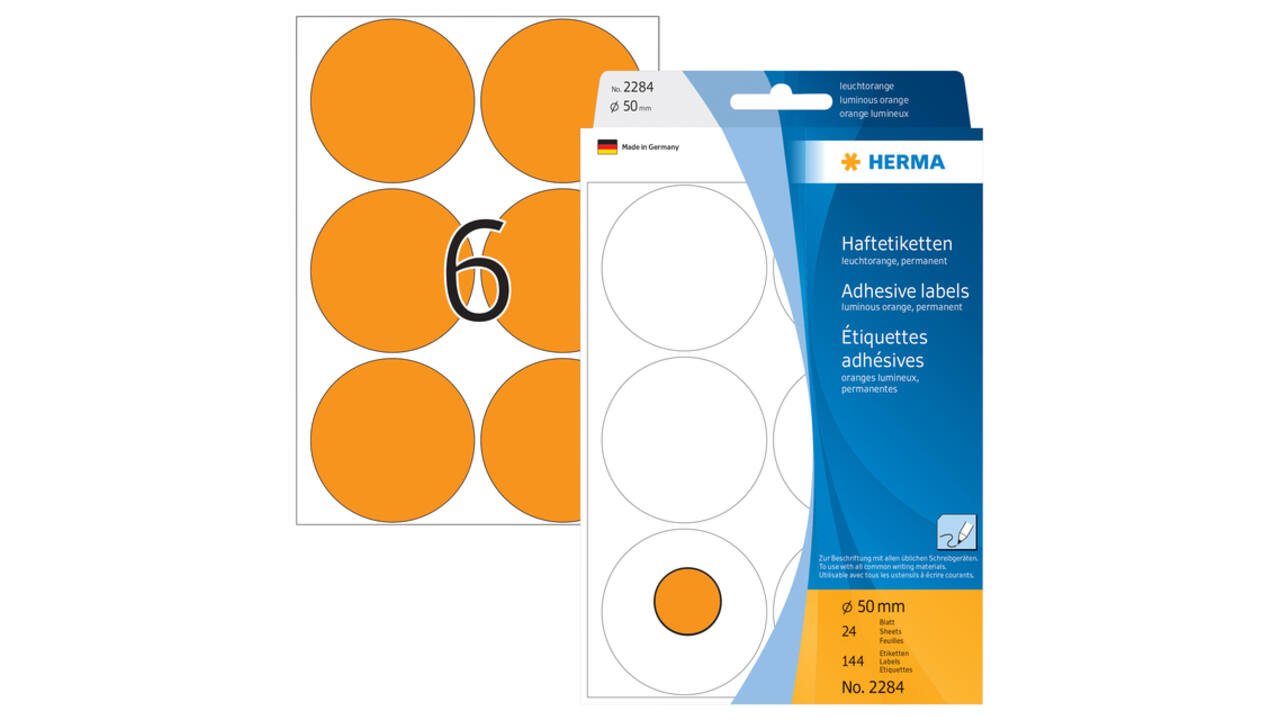Etiket HERMA 2284 rond 50mm fluor oranje 144 stuks