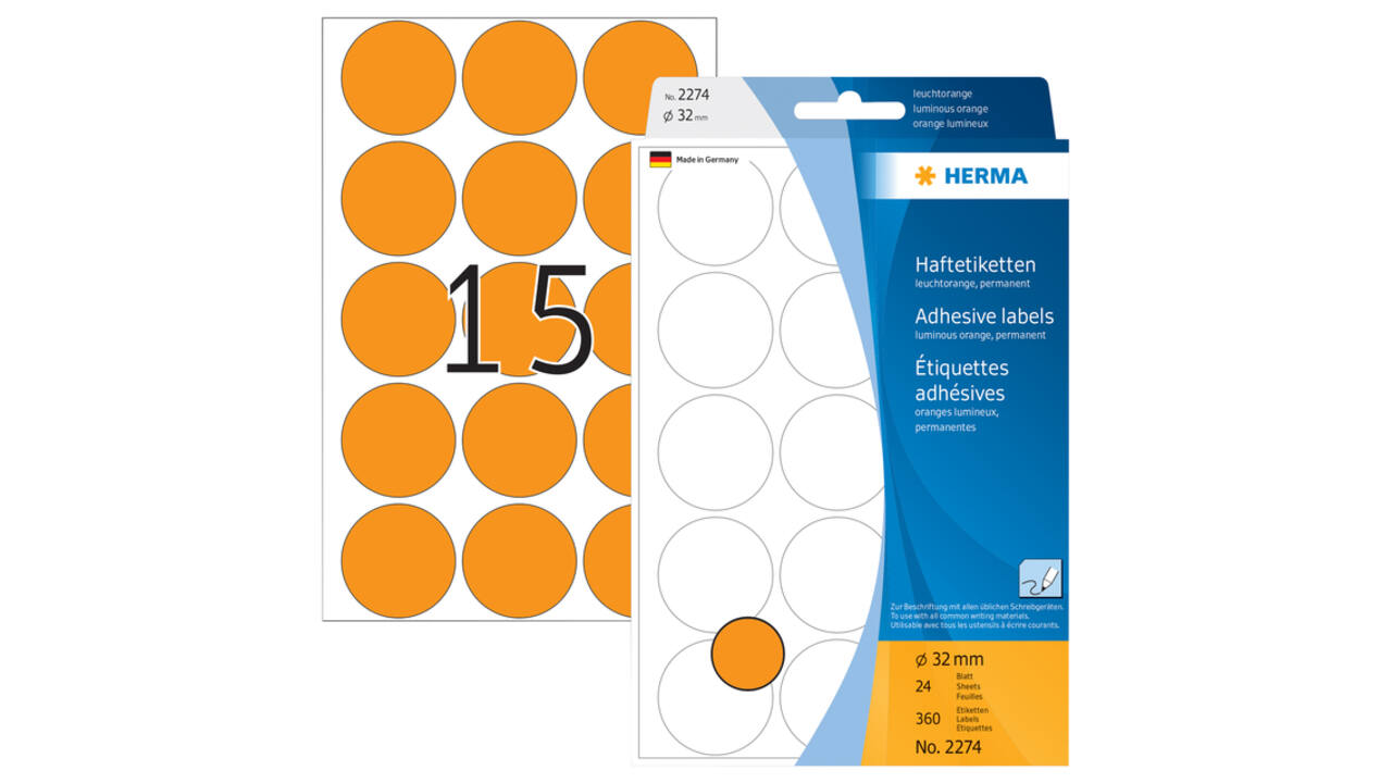 Etiket HERMA 2274 rond 32mm fluor oranje 360 stuks