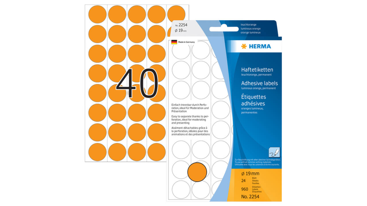 Etiket HERMA 2254 rond 19mm fluor oranje 960 stuks