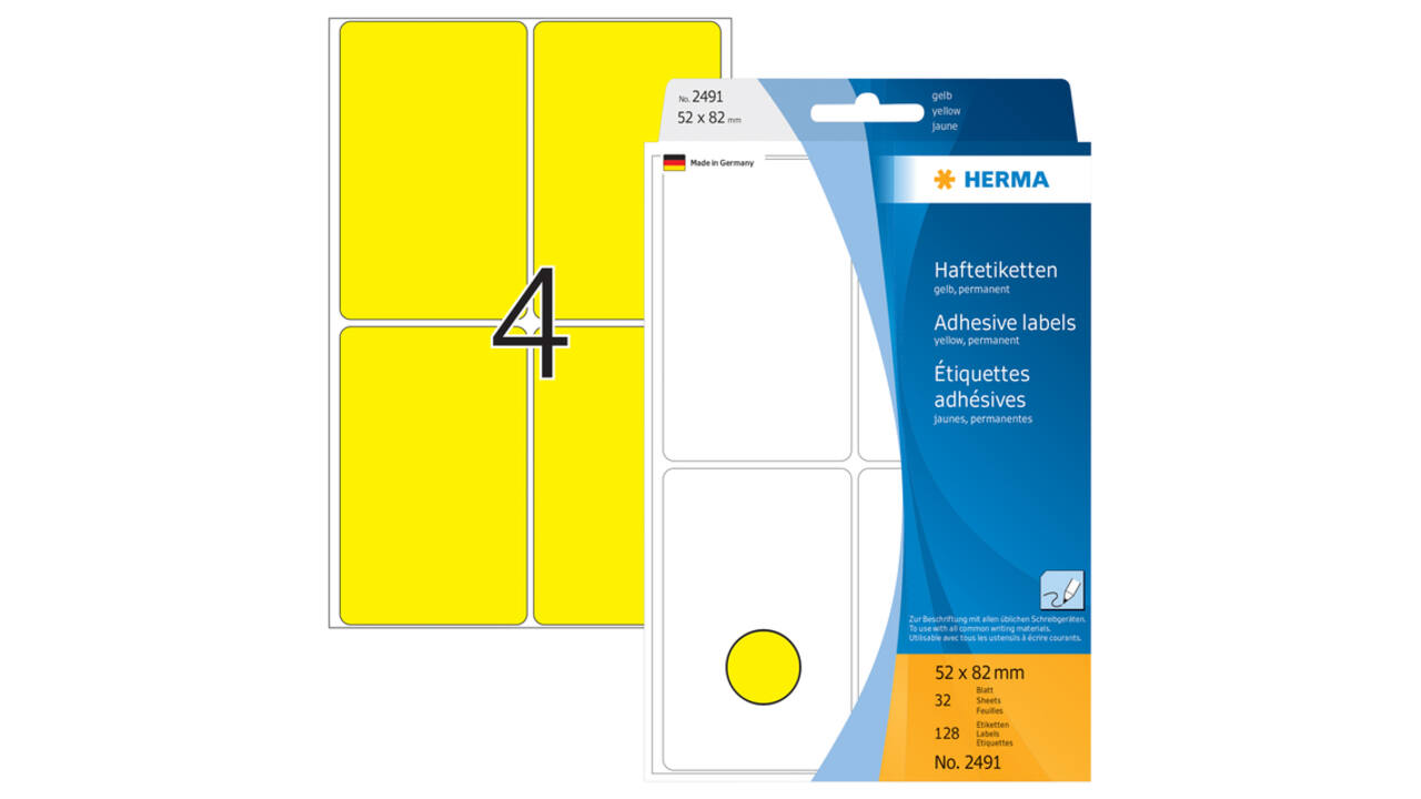 Etiket HERMA 2491 52x82mm geel 128 stuks