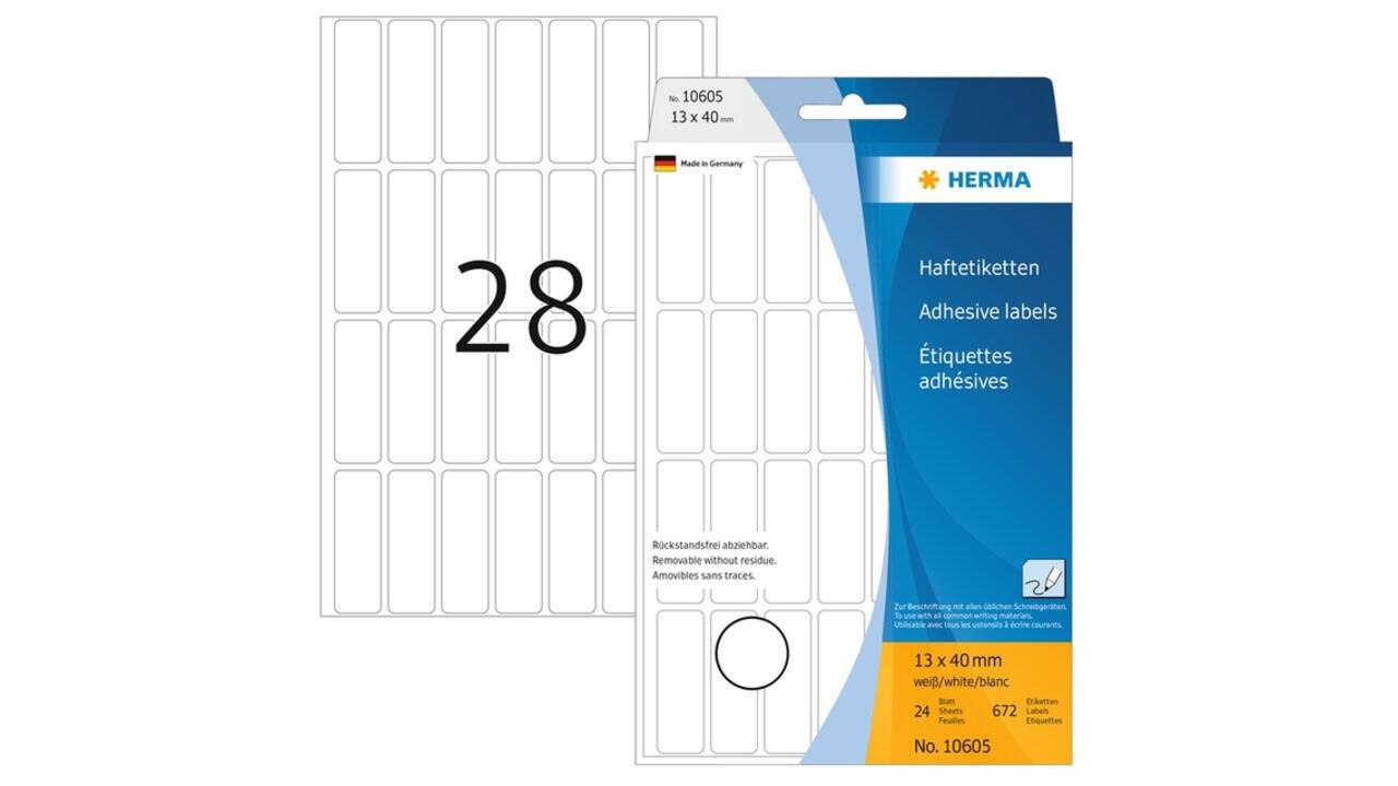 Etiket HERMA 10605 13x40mm verwijderbaar wit 672 stuks