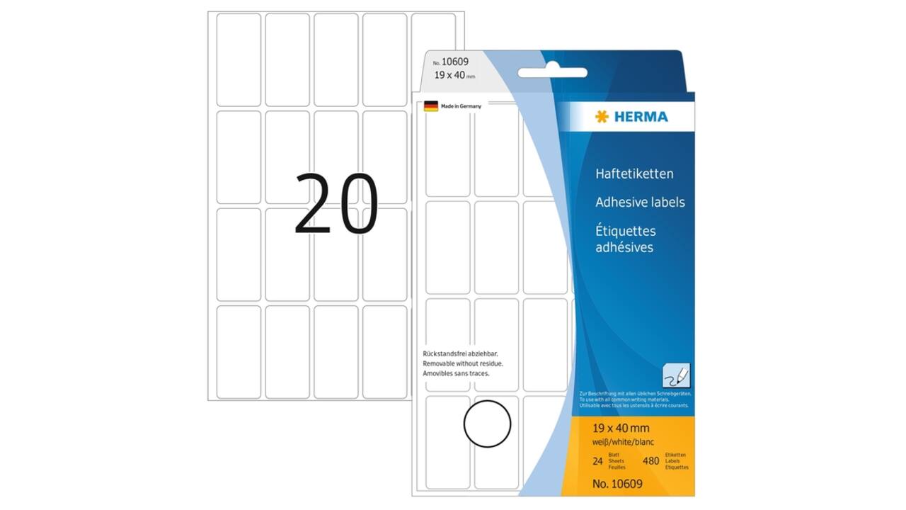 Etiket HERMA 10609 19x40mm verwijderbaar wit 480 stuks