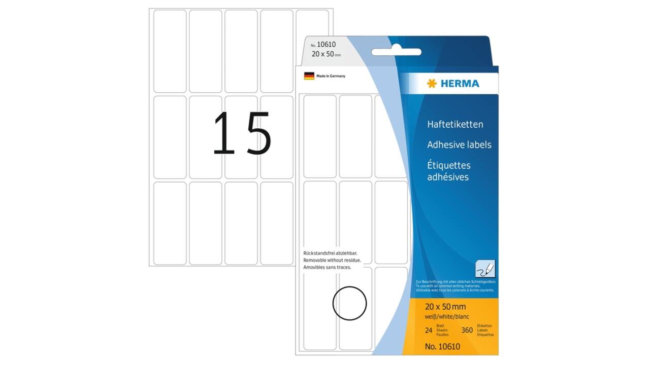 Etiket HERMA 10610 20x50mm verwijderbaar wit 360 stuks