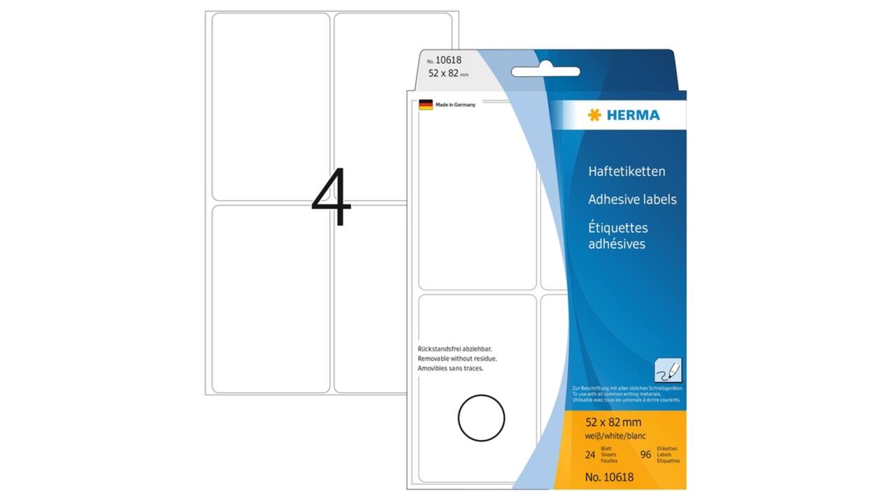 Etiket HERMA 10618 52x82mm verwijderbaar wit 96 stuks