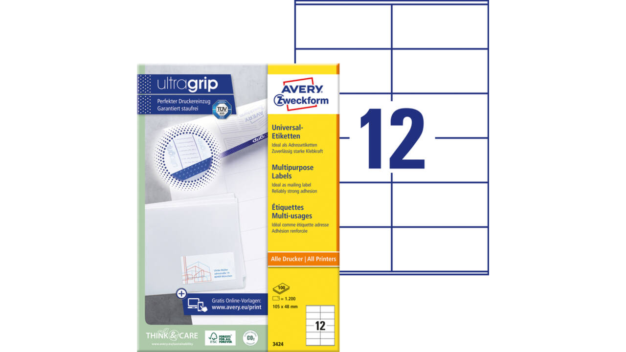 Etiket Avery 3424 105x48mm wit 1200 stuks