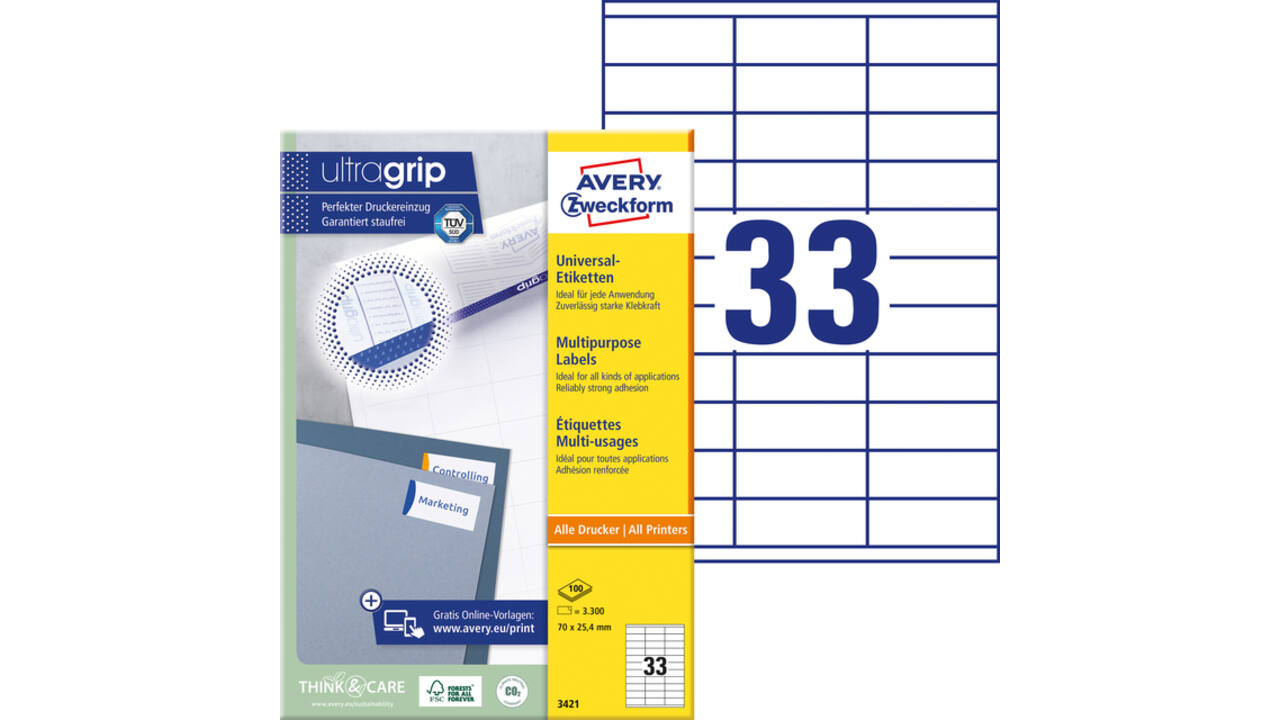 Etiket Avery 3421 70x25.4mm wit 3300 stuks