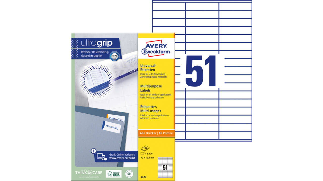Etiket Avery 3420 70x16.9mm wit 5100 stuks