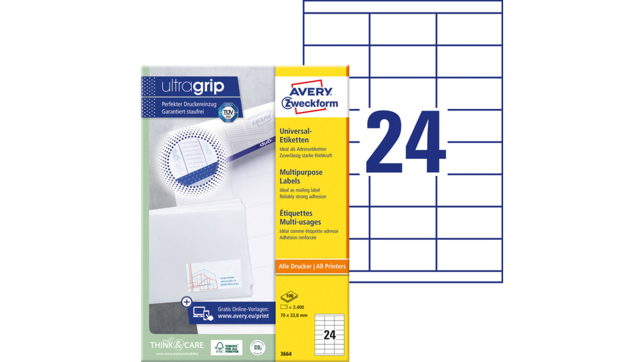 Etiket Avery 3664 70x33.8mm wit 2400 stuks