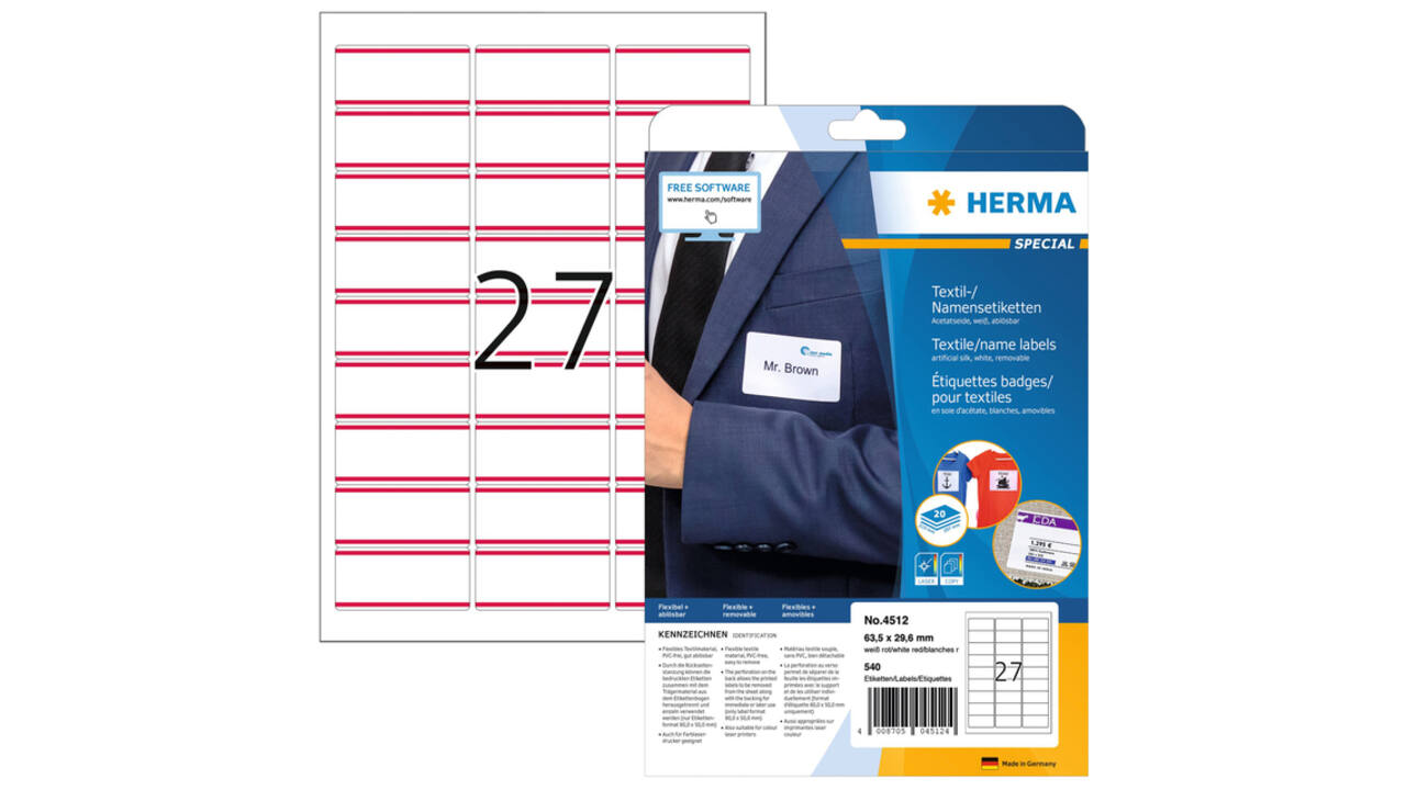 Naambadge etiket HERMA 4512 63.5x29.6mm wit/rood 540 stuks