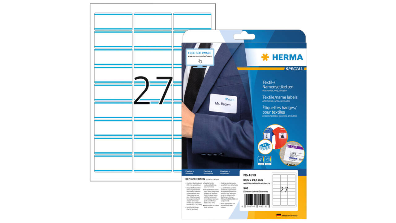 Naambadge etiket HERMA 4513 63.5x29.6mm wit/blauw 540 stuks