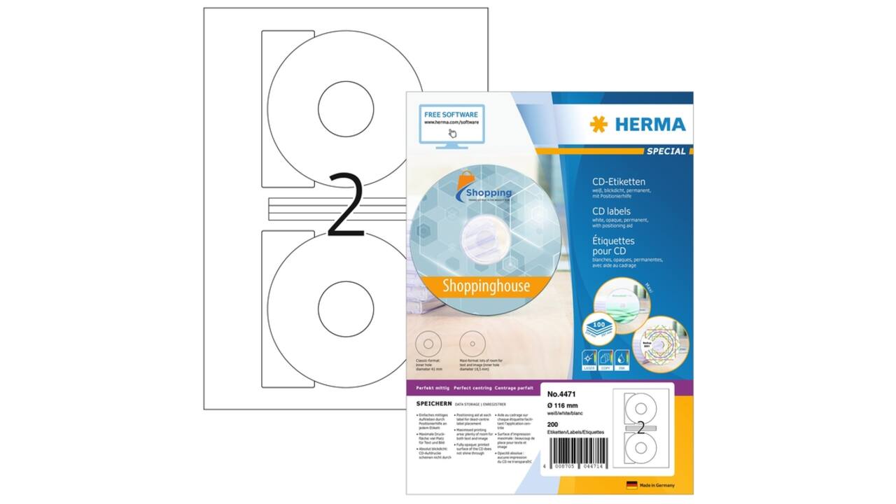 Etiket HERMA 4471 CD 116mm wit opaqua 200 stuks