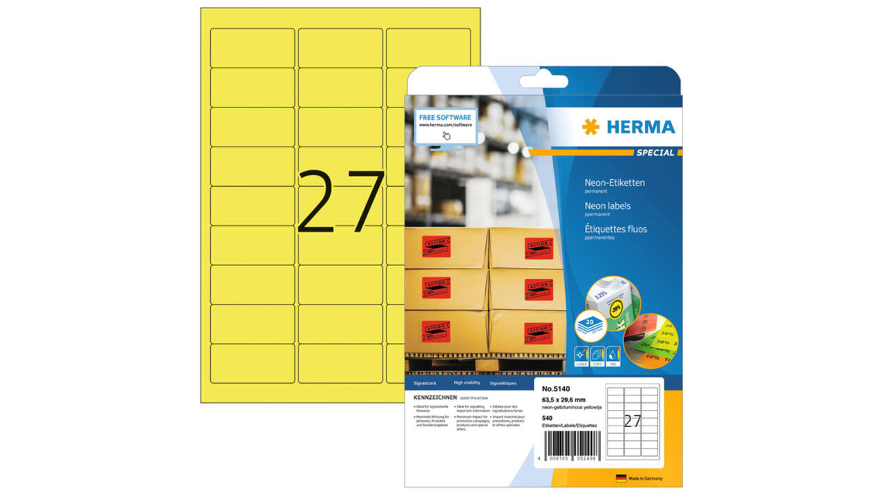 Etiket HERMA 5140 63.5x29.6mm neon geel 540 stuks